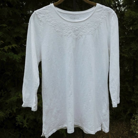 Talbots Slub Knit Cotton Top with Pretty Tonal Embroidery - Picture 1 of 3